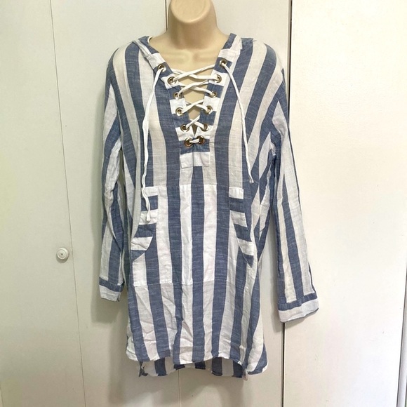 BLUE ISLAND Beach Swim Coverup Tunic Nautical Stripe Lace Up Hoodie Medium - Picture 5 of 14